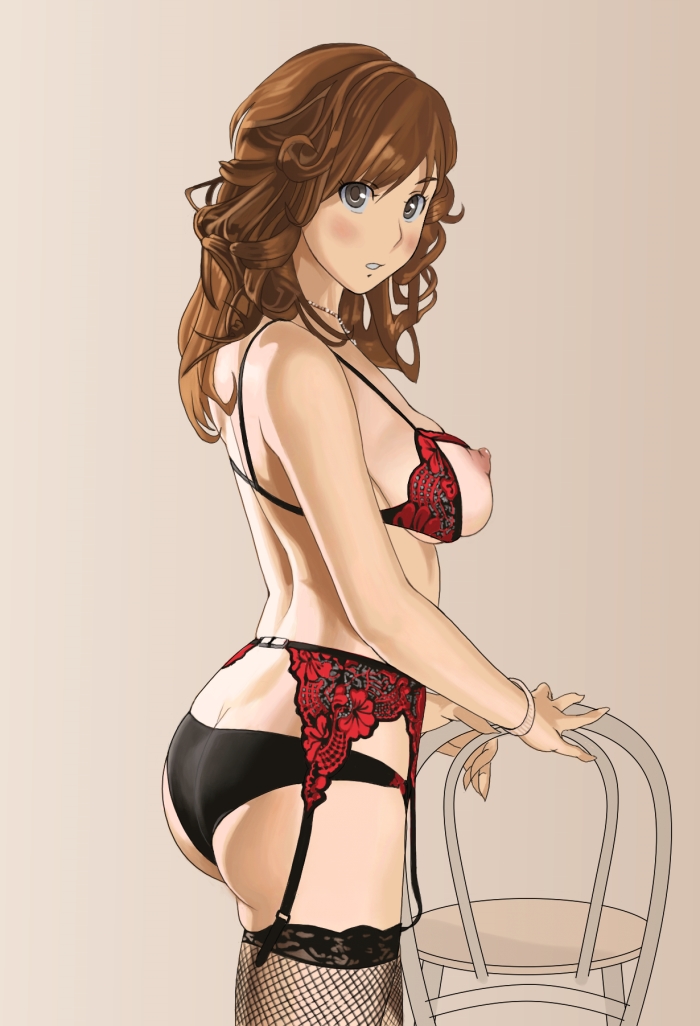 ass bad_id bad_pixiv_id blush bra breasts brown_eyes brown_hair chair copyright_request cupless_bra curly_hair garter_belt jewelry large_breasts lingerie long_hair mimizou necklace nippleless_clothes nipples panties simple_background solo thighhighs underwear underwear_only