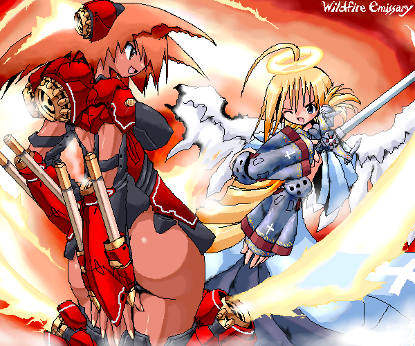 2girls ahoge aliasing angel angel_wings ass battle blonde_hair breasts character_request cross fire halo large_breasts magic:_the_gathering magic_the_gathering multiple_girls one_eye_closed orange_hair sword tan weapon wildfire_emissary wings yone88 yonezuka_ryou