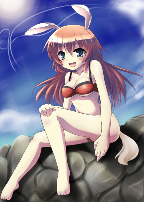 animal_ears barefoot bikini blush breasts bunny_ears charlotte_e_yeager covered_nipples day long_hair medium_breasts sitting solo strike_witches swimsuit tekehiro world_witches_series