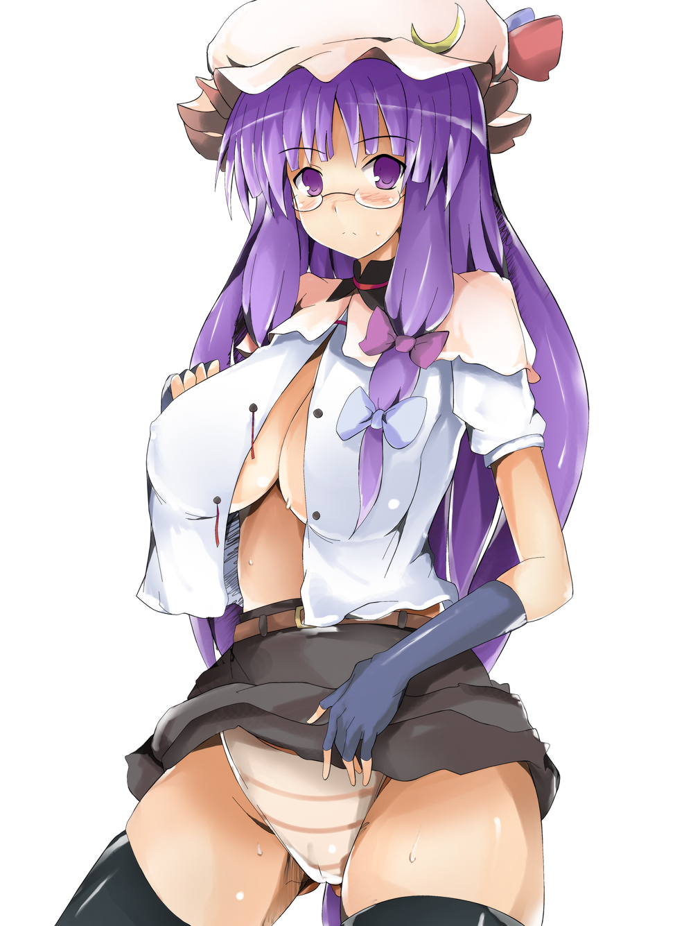 alternate_costume arao bad_id bad_pixiv_id belt bespectacled blush bow breasts fingerless_gloves glasses gloves hair_bow hat highres large_breasts long_hair miniskirt no_bra open_clothes open_shirt panties patchouli_knowledge pencil_skirt purple_eyes purple_hair shirt skirt socks solo sweat thighhighs touhou underwear upskirt