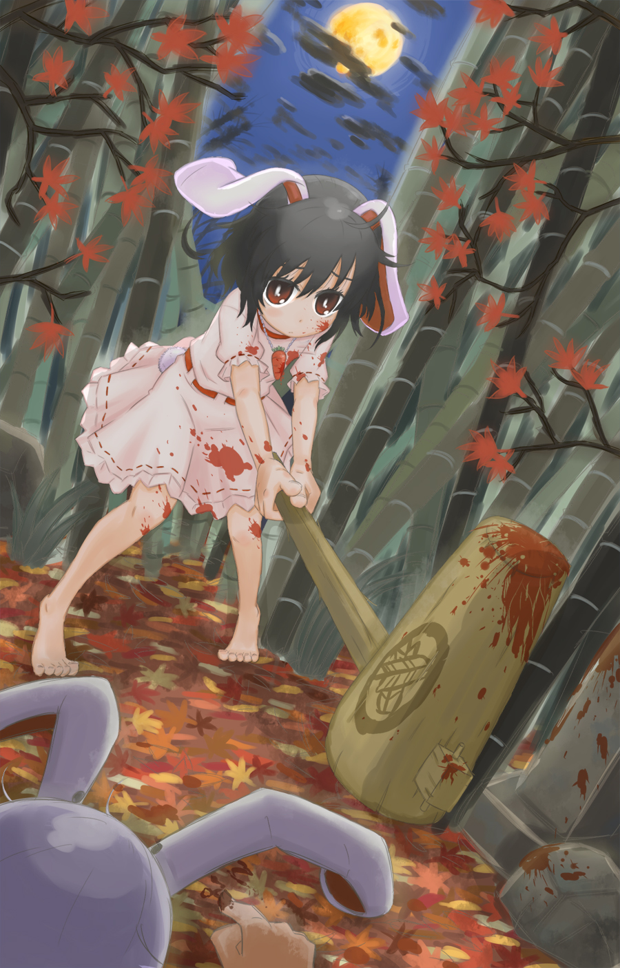animal_ears bamboo bamboo_forest barefoot blood bunny_ears death dying_message feet forest hammer highres inaba_tewi kingin leaf moon multiple_girls nature night reisen_udongein_inaba short_hair touhou translated violence yandere