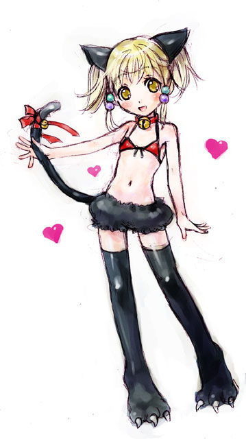 animal_ears bare_shoulders bell bell_collar bikini_top blonde_hair bloomers blush boots cat_ears claws collar heart irui_guneden midriff nakamura_kanko navel open_mouth ribbon smile solo super_robot_wars tail thigh_boots thighhighs twintails underwear yellow_eyes