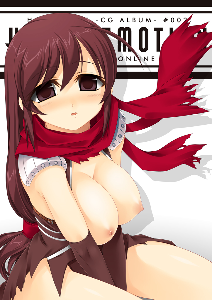1girl armor assassin assassin_cross belt black_gloves blush breasts breasts_outside brown_eyes brown_hair elbow_gloves female gloves kinoshita_ichi large_breasts long_hair looking_at_viewer nipples parted_lips ragnarok_online scarf shoulder_pads sitting solo tied_hair v_arms