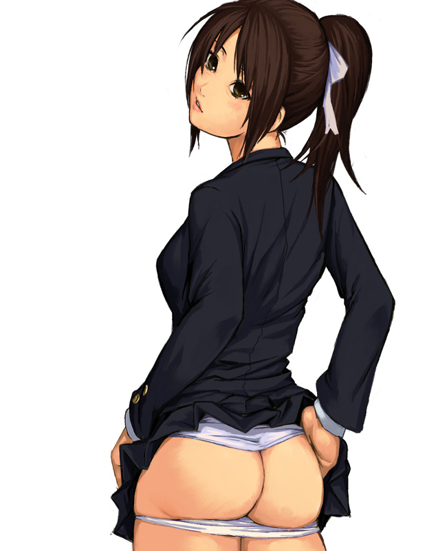 ass ass_support bad_id bad_pixiv_id bow brown_eyes brown_hair hair_bow hand_on_ass looking_back original panties panty_pull ponytail simple_background skirt skirt_lift solo underwear white_background white_bow yuuji_(and)