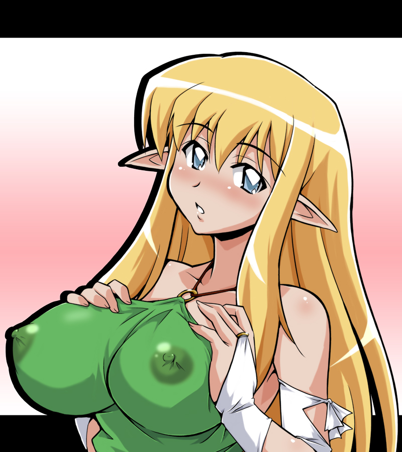 blonde_hair blue_eyes blush breasts bridal_gauntlets covered_nipples elf halterneck large_breasts long_hair pointy_ears ryumage see-through solo tiffania_westwood zero_no_tsukaima