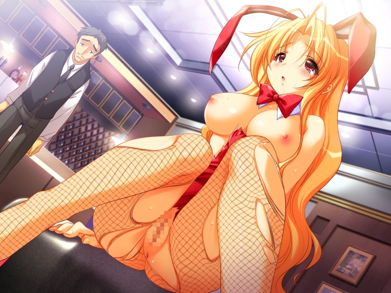 animal_ears antenna_hair bar bb blonde_hair blush breasts bunny_ears bunny_girl bunnysuit censored character_request emily_(pure_dream) fishnets large_breasts long_hair pussy red_eyes source_request tears thighhighs torn_clothes torn_thighhighs