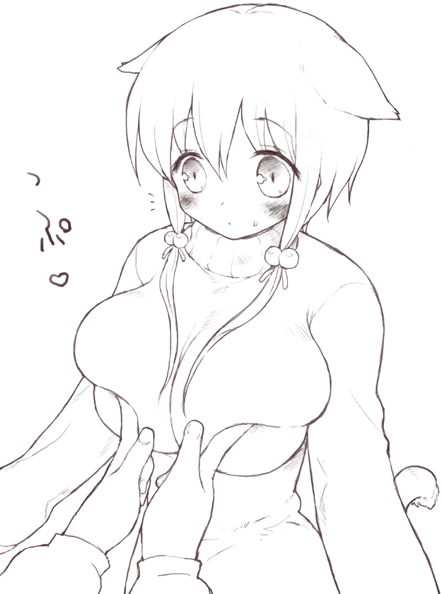 animal_ears blush breast_squeeze breasts copyright_request greyscale huge_breasts monochrome mutsutake short_hair sketch solo_focus sweater tail