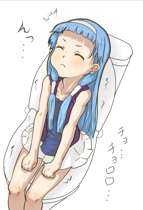 artist_request bangs blue_hair blunt_bangs hair_tubes hairband kannagi long_hair nagi pleated_skirt skirt solo toilet toilet_use white_skirt