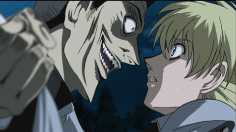 1girl animated animated_gif blonde_hair blue_eyes breast_grab breasts grabbing groping hellsing large_breasts lowres non-web_source police police_uniform policewoman seras_victoria uniform you_gonna_get_raped