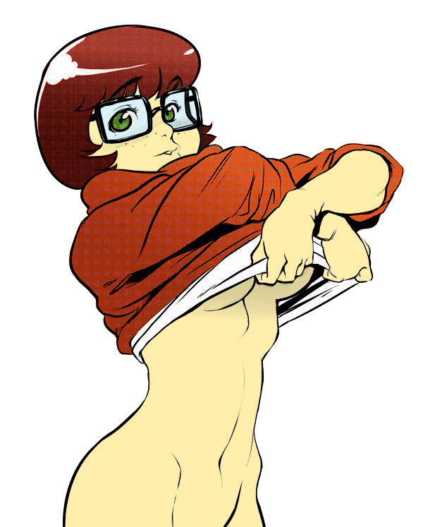 breasts glasses green_eyes large_breasts qiqo scooby-doo scooby_doo short_hair sweater underboob undressing velma_dace_dinkley