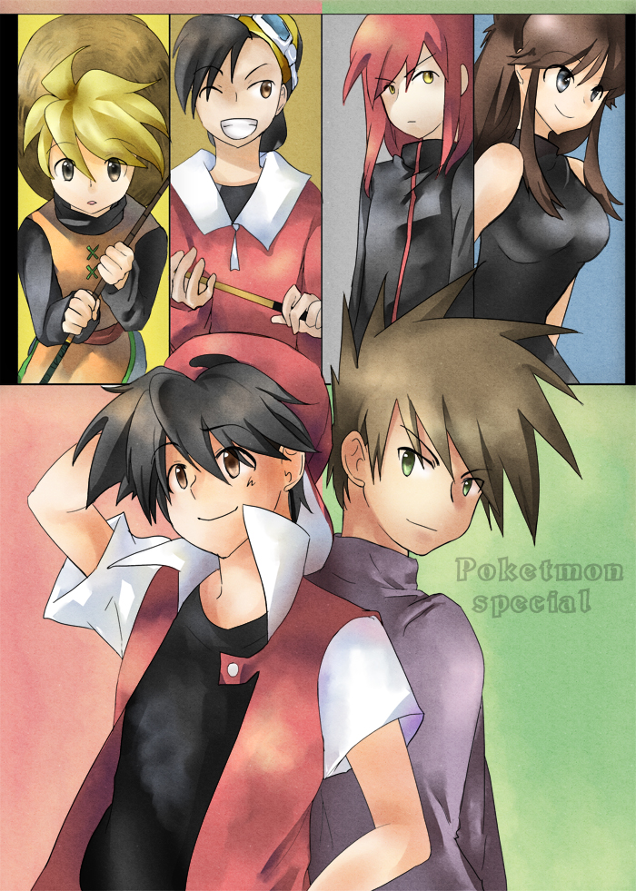 4boys artist_request back-to-back baseball_cap black_hair blue_(pokemon) brown_hair gold_(pokemon) hat jacket long_sleeves looking_at_viewer multiple_boys multiple_girls ookido_green open_clothes open_jacket pokemon pokemon_special red_(pokemon) shirt short_sleeves silver_(pokemon) spiked_hair sweater t-shirt upper_body yellow_(pokemon)