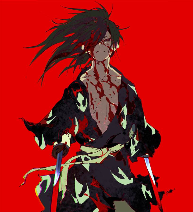 1boy bandage black_hair dororo_(tezuka) hair_over_one_eye holding hyakkimaru_(dororo) japanese_clothes katana kimono kon_(kin219) long_hair looking_at_viewer male_focus ponytail prosthesis prosthetic_arm red_eyes simple_background solo sword weapon