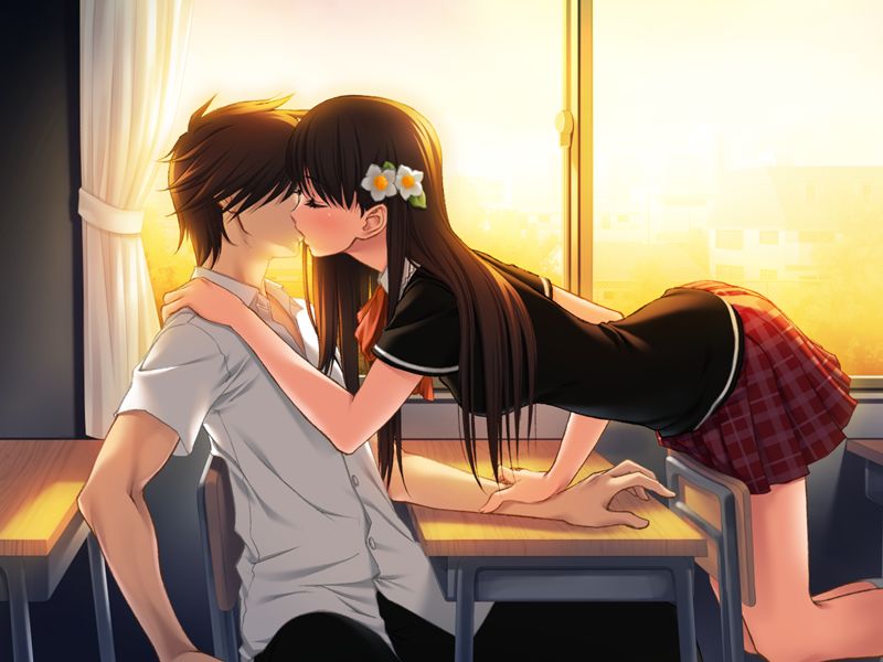 1girl bangs bare_arms bent_over black_pants blush breasts brown_hair chair classroom closed_eyes collared_shirt couple curtains desk dress_shirt eyelashes face-to-face flower from_side game_cg hair_flower hair_ornament hand_on_another's_arm hand_on_another's_shoulder hetero indoors kiss kneehighs kneeling long_hair medium_breasts miniskirt on_chair orange_neckwear outstretched_hand pants plaid plaid_skirt pleated_skirt profile queen_bonjourno red_skirt sakurazaka_megumi sano_toshihide school_desk school_uniform shirt short_sleeves sitting skirt straight_hair sunlight sunset untucked_shirt wallpaper white_legwear white_shirt window