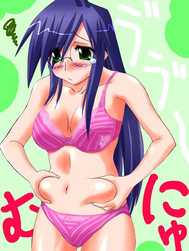 aono_makishi belly_grab blue_hair blush bra breasts glasses green_eyes large_breasts lingerie navel panties solo squiggle sugina_fujitaka tears torikoro underwear underwear_only weight_conscious