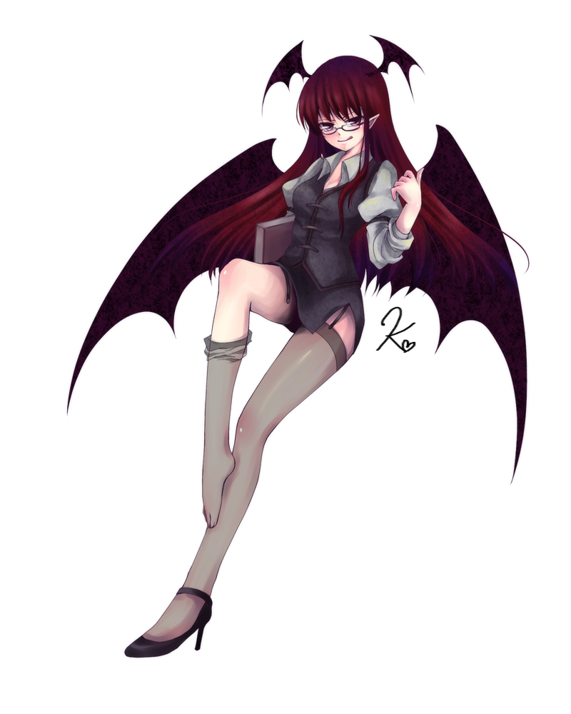 bad_id bad_pixiv_id bat_wings bespectacled demon_girl garter_belt glasses head_wings high_heels koakuma mikazuki_sara naughty_face pink_eyes pointy_ears red_hair shoes single_shoe solo thighhighs tongue touhou wings
