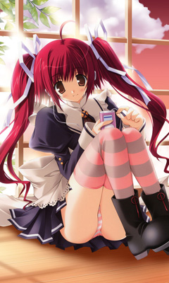 boots copyright_request digital_media_player dress ikegami_akane ipod long_hair lowres non-web_source panties pantyshot red_eyes red_hair solo striped striped_legwear striped_panties thighhighs twintails underwear