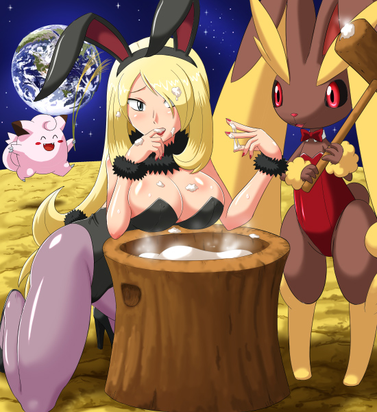 bb blonde_hair breast_rest breasts bunny bunnysuit cleavage clefairy cum earth food hammer high_heels large_breasts lopunny mallet mochi pantyhose pokemoa pokemon sexually_suggestive shirona_(pokemon) shoes space wagashi