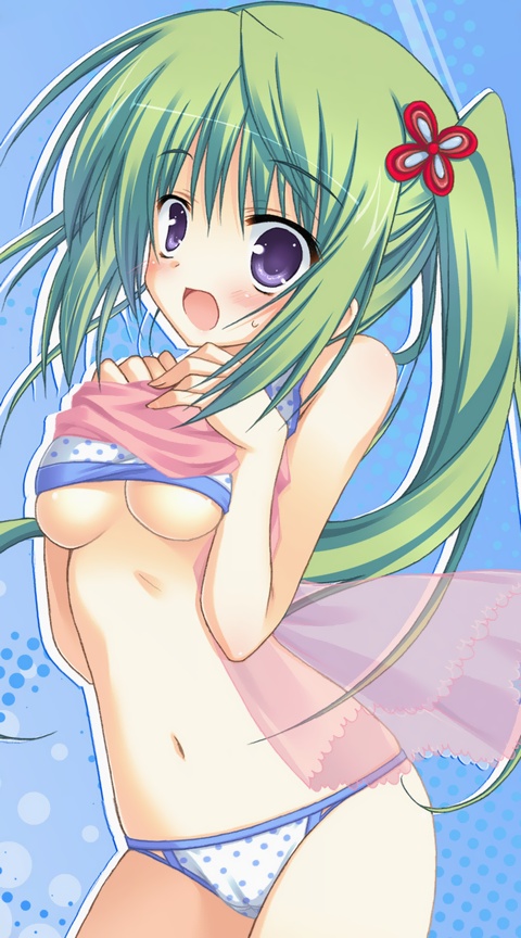artist_request blush bra breasts copyright_request embarrassed green_hair lingerie long_hair medium_breasts non-web_source panties polka_dot purple_eyes solo twintails underboob underwear underwear_only