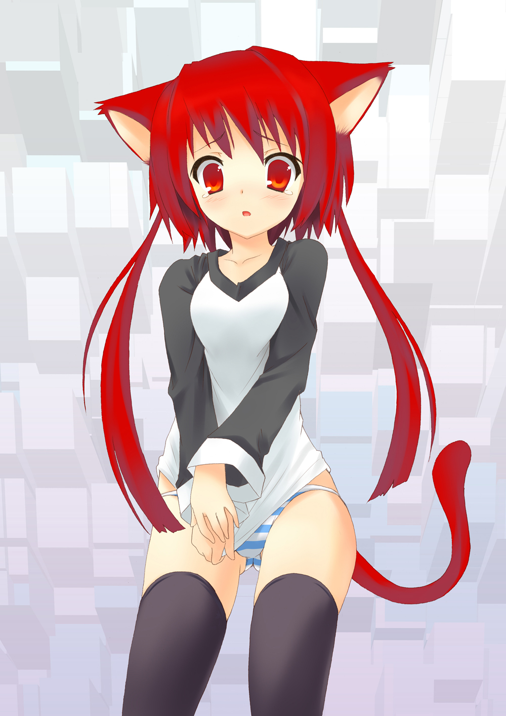 animal_ears ass_visible_through_thighs bad_id bad_pixiv_id cat_ears cat_tail copyright_request covering covering_crotch embarrassed highres long_hair mk_(masatusaboten) no_pants panties raglan_sleeves red_eyes red_hair shirt shirt_tug socks solo striped striped_panties t-shirt tail tears thighhighs trefoil twintails underwear