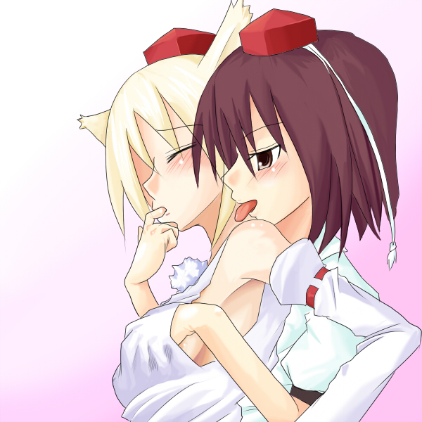 animal_ears breast_grab breasts couple finger_in_mouth grabbing groping hand_under_clothes hat inubashiri_momiji kasuka licking multiple_girls pom_pom_(clothes) shameimaru_aya short_hair small_breasts tokin_hat tongue touhou wolf_ears yuri