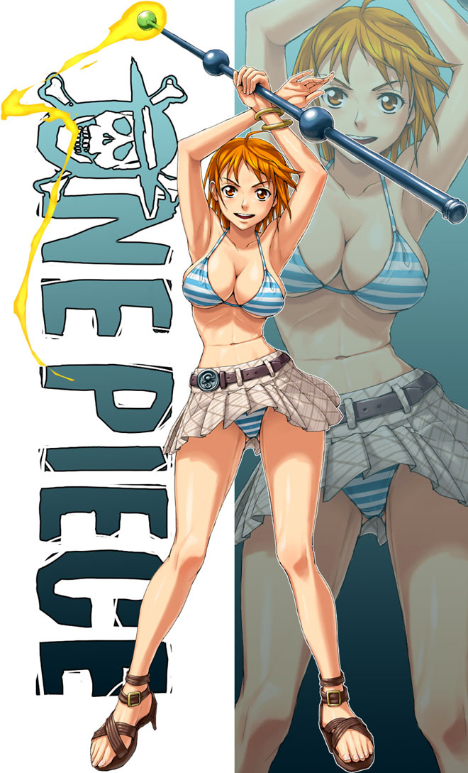 1girl bikini bikini_top breasts cleavage copyright_name electricity feet female fighting_stance full_body jolly_roger nami nami_(one_piece) nigou one_piece orange_hair pleated_skirt sandals short_hair skirt solo staff striped striped_bikini striped_swimsuit swimsuit title_drop weapon zoom_layer