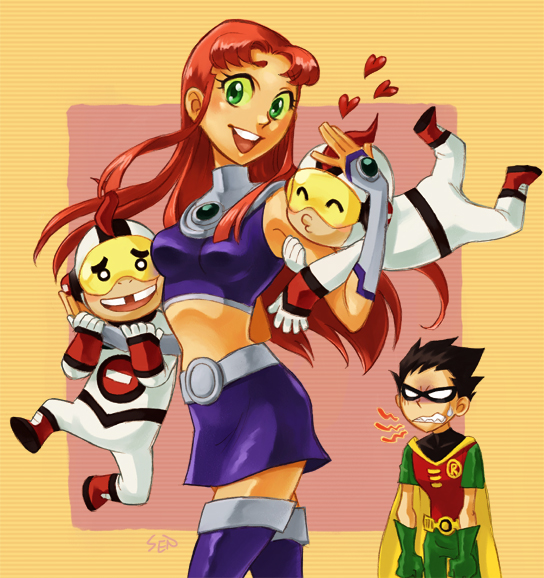 3boys :d angry belt clenched_teeth dc_comics gorget green_eyes heart height_difference jealous looking_at_viewer mas_y_menos mask midriff multiple_boys navel open_mouth red_hair robin_(dc) round_teeth sen_(sen69) simple_background smile starfire stomach teen_titans teeth thighhighs yellow_background