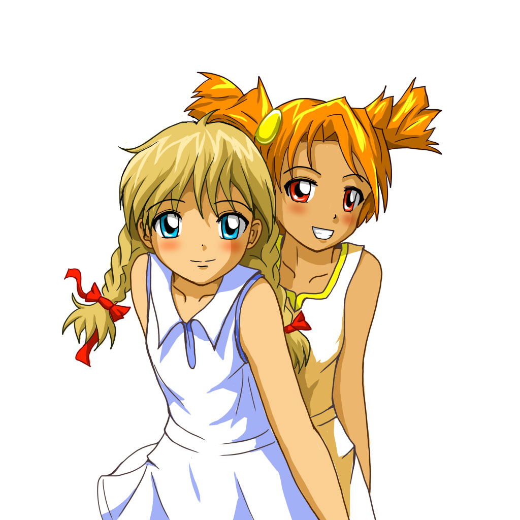 2girls :d bare_shoulders blonde_hair blush braid collarbone cowboy_shot dress dvach-tan grin huyase looking_at_viewer multiple_girls open_mouth orange_hair simple_background slavya-chan smile teeth twin_braids twintails white_background white_dress