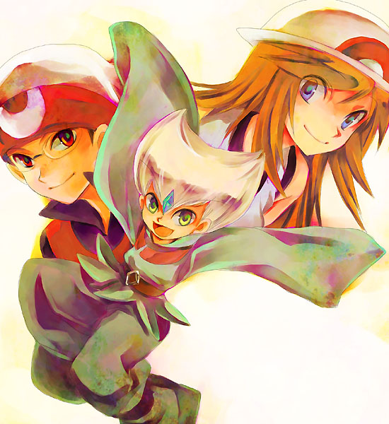 2boys blue_(pokemon) brown_hair emerald_(pokemon) hat multiple_boys pokemon pokemon_special porkpie_hat ruby_(pokemon) satoshi_nai
