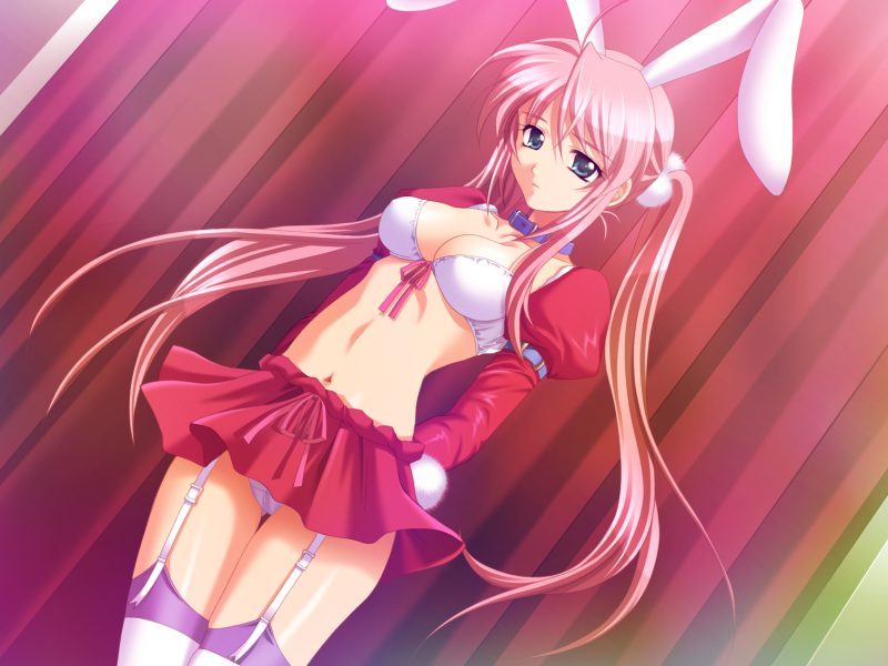 animal_ears bra breasts bunny_ears cleavage lingerie panties pink_hair skirt twintails underwear