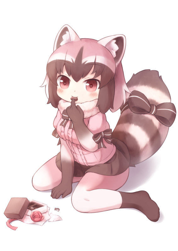 1girl animal_ear_fluff animal_ears arm_support black_bow black_gloves black_hair black_legwear black_neckwear black_skirt blouse blush bow bowtie chocolate chocolate_heart commentary common_raccoon_(kemono_friends) elbow_gloves finger_to_mouth food_in_mouth full_body fur_collar gift_wrapping gloves heart heart_eyes kemono_friends matsuu_(akiomoi) medium_hair mouth_hold multicolored multicolored_clothes multicolored_hair multicolored_legwear pantyhose pink_hair pleated_skirt puffy_sleeves purple_blouse raccoon_ears raccoon_tail red_eyes short_sleeves sitting skirt solo tail tail_bow tareme valentine wariza white_background white_gloves white_hair white_legwear