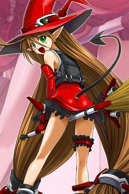 back broom brown_hair demon_tail earrings elbow_gloves garters gloves green_eyes haruyama_kazunori hat jewelry kyon_feulion long_hair looking_back pointy_ears solo super_robot_wars super_robot_wars_og_saga_mugen_no_frontier tail very_long_hair witch_hat zoom_layer