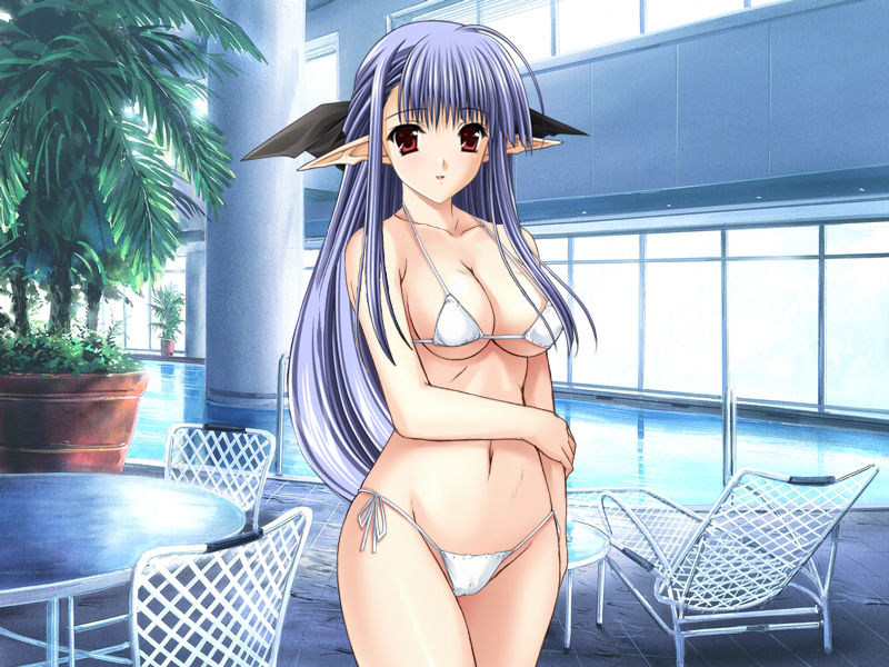 bikini blue_hair breasts cameltoe half_updo large_breasts long_hair nerine non-web_source pointy_ears pool poolside red_eyes shuffle! solo swimsuit third-party_edit wide_hips