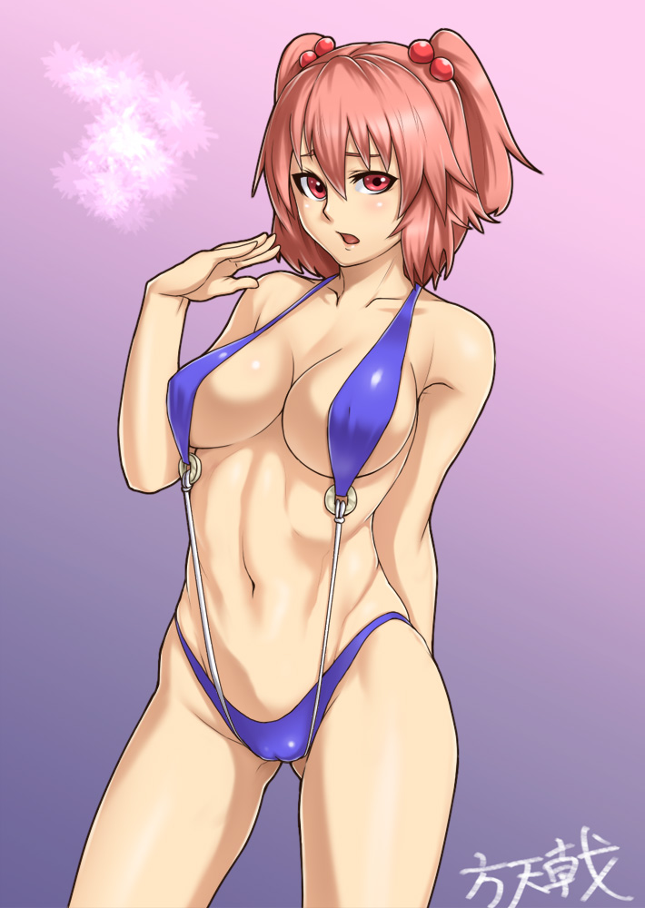 breasts cameltoe coin covered_nipples hair_bobbles hair_ornament houtengeki large_breasts navel onozuka_komachi pink_eyes pink_hair short_hair simple_background slingshot_swimsuit solo swimsuit toned touhou two_side_up