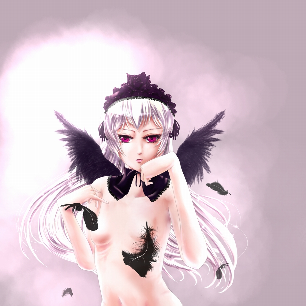bad_id bad_pixiv_id breasts feathers hairband long_hair navel nude okota_(pixiv) purple_eyes rozen_maiden silver_hair small_breasts solo suigintou wings