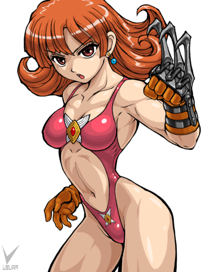 alena_(dq4) angry breasts claws dragon_quest dragon_quest_iv earrings gloves highleg highleg_leotard jewelry leotard medium_breasts midriff muscle navel open_mouth orange_hair pink_leotard pink_leotard_(dq) red_eyes solo usura