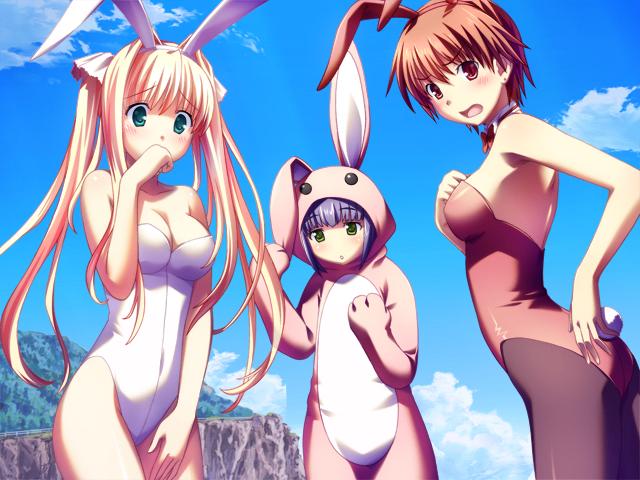 3girls animal_ears blush bunny_girl bunnygirl bunnysuit character_request multiple_girls tail