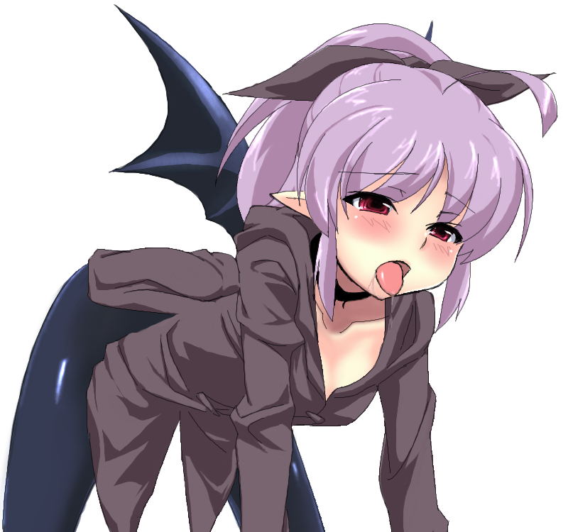 all_fours bat_wings blush choker copyright_request grune open_mouth pantyhose purple_hair red_eyes ribbon saliva simple_background solo tongue tongue_out wings