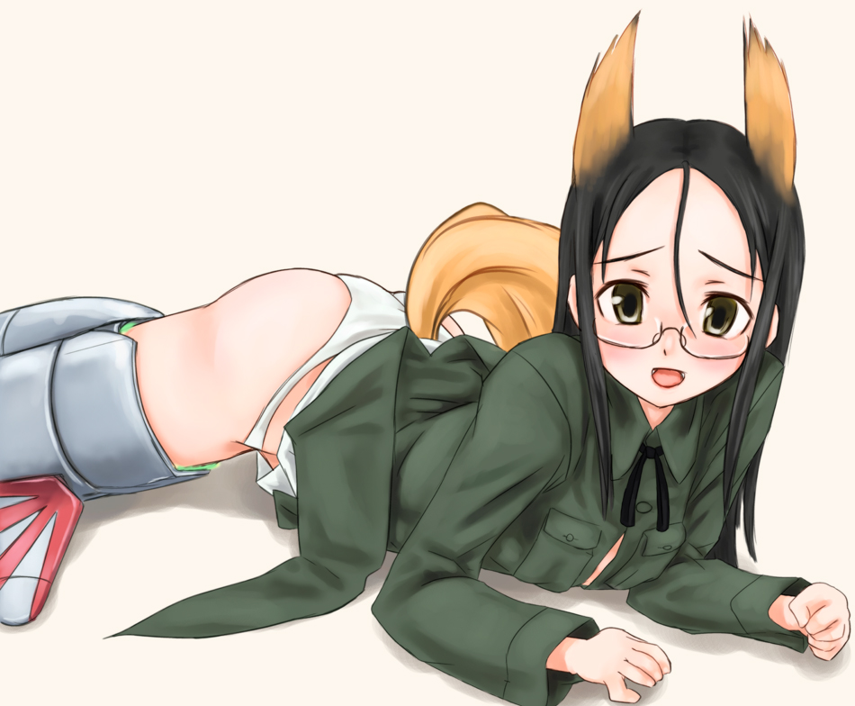 animal_ears bad_id bad_pixiv_id black_hair glasses long_hair lying panties scharfschutze solo strike_witches suwa_amaki tail underwear world_witches_series