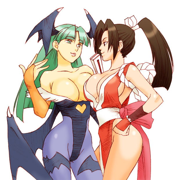 animal_print artist_request asymmetrical_docking bat_print breast_press breasts brown_hair cleavage crossover demon_girl fatal_fury green_hair head_wings japanese_clothes large_breasts legs morrigan_aensland multiple_girls pantyhose pelvic_curtain ponytail print_legwear shiranui_mai succubus the_king_of_fighters thighs vampire_(game) wings