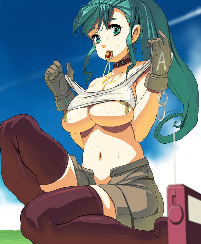 bad_id bad_pixiv_id breasts copyright_request green_eyes green_hair large_breasts masao mouth_hold solo thighhighs underboob