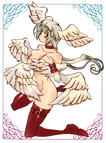 breasts final_fantasy final_fantasy_tactics head_wings kneeling koma_(nisin1) large_breasts long_hair lowres solo thighhighs ultima_(fft) white_hair wings