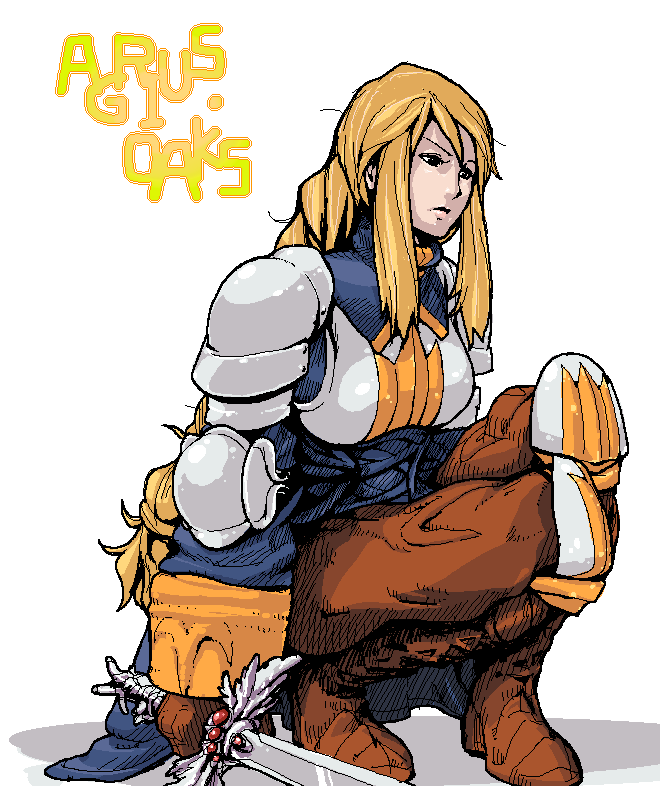 agrias_oaks armor blonde_hair blue_eyes boots breastplate expressionless final_fantasy final_fantasy_tactics hand_on_own_knee holding holding_sword holding_weapon knee_boots knee_pads long_hair shoulder_pads sidelocks simple_background solo squatting sword weapon white_background yakibuta_(shimapow)