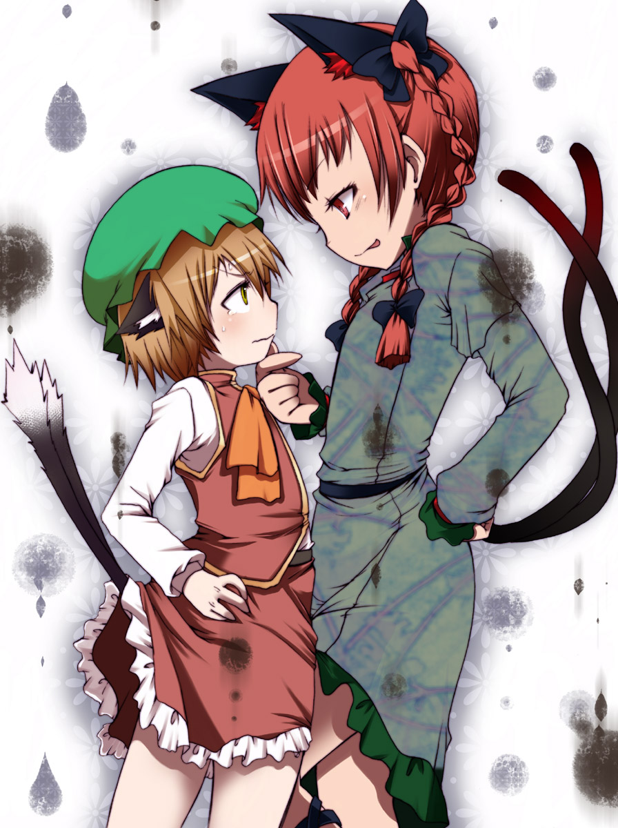 :p animal_ears bow braid brown_hair cat_ears chen commentary_request dress fujisaki_hikari hat highres kaenbyou_rin multiple_girls red_eyes red_hair scared tail tears tongue tongue_out touhou twin_braids twintails yellow_eyes you_gonna_get_raped yuri