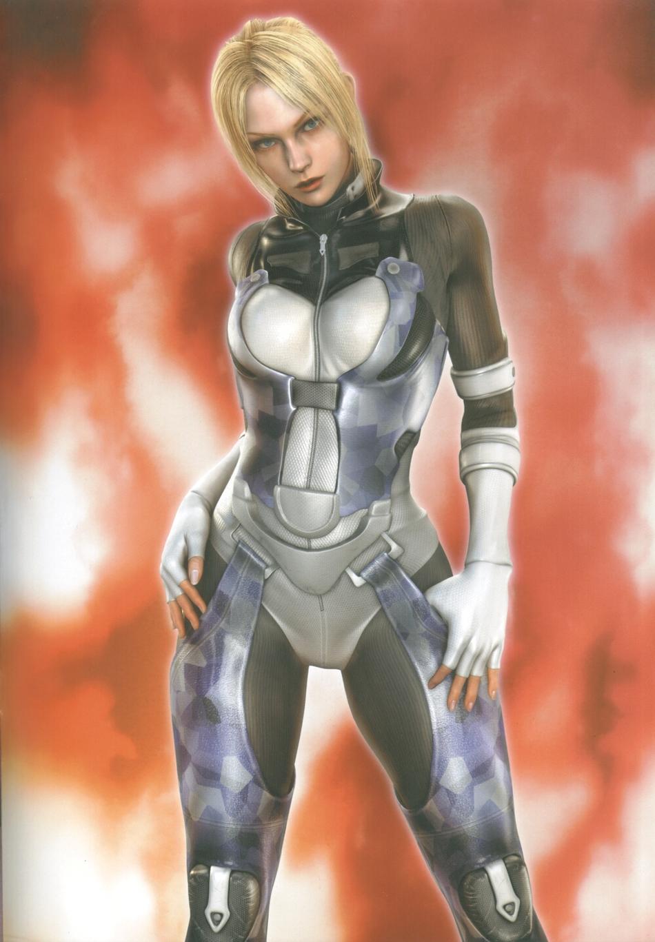 3d artist_request bodysuit camouflage death_by_degrees fingerless_gloves gloves highres nina_williams official_art shiny shiny_clothes skin_tight solo tekken tight zipper