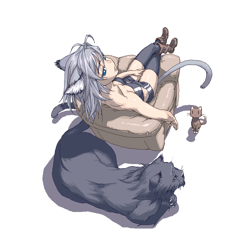 animal animal_ears bare_shoulders black_panther blue_eyes boots breasts bustier cat cat_ears cat_tail cleavage collarbone crossed_legs from_above looking_back medium_breasts oekaki original panther short_hair shorts silver_hair sitting tail thighhighs unpokotan