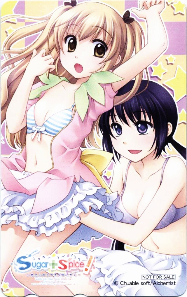 :o arm_up black_hair blonde_hair bow bow_bra bra breasts brown_eyes card_(medium) cleavage flat_chest frills gathers ginta groping lingerie long_hair medium_breasts miyama_ai multiple_girls non-web_source open_clothes open_mouth open_shirt phonecard purple_bra purple_eyes saotome_tsukasa scan shirt skirt striped striped_bra sugar+spice! surprised surprised_arms twintails underwear undressing yuri