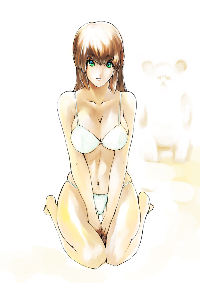 bh001 bikini breasts brown_hair cleavage copyright_request kneeling large_breasts long_hair midriff solo swimsuit
