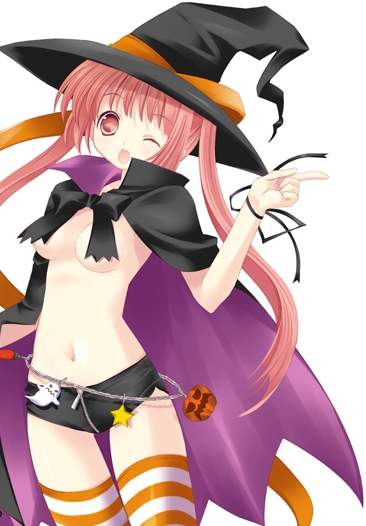 artist_request cape copyright_request ghost halloween hat jack-o'-lantern naked_cape one_eye_closed pumpkin ribbon shorts solo thigh_gap thighhighs tight topless white_background witch_hat