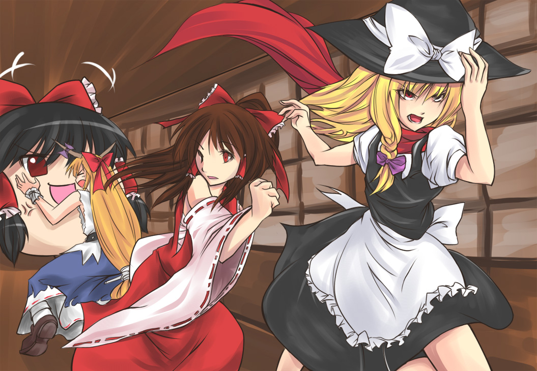 anger_vein angry black_hair blonde_hair fleeing hakurei_reimu hat horns ibuki_suika jiete kirisame_marisa long_hair looking_back multiple_girls orange_hair red_eyes ribbon running short_hair shouji sliding_doors touhou yukkuri_shiteitte_ne