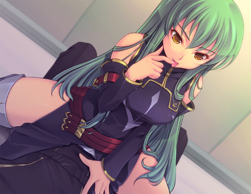 1girl brown_eyes c.c. code_geass detached_sleeves girl_on_top green_hair hetero long_hair solo_focus straddling thighhighs tongue yoko_juusuke